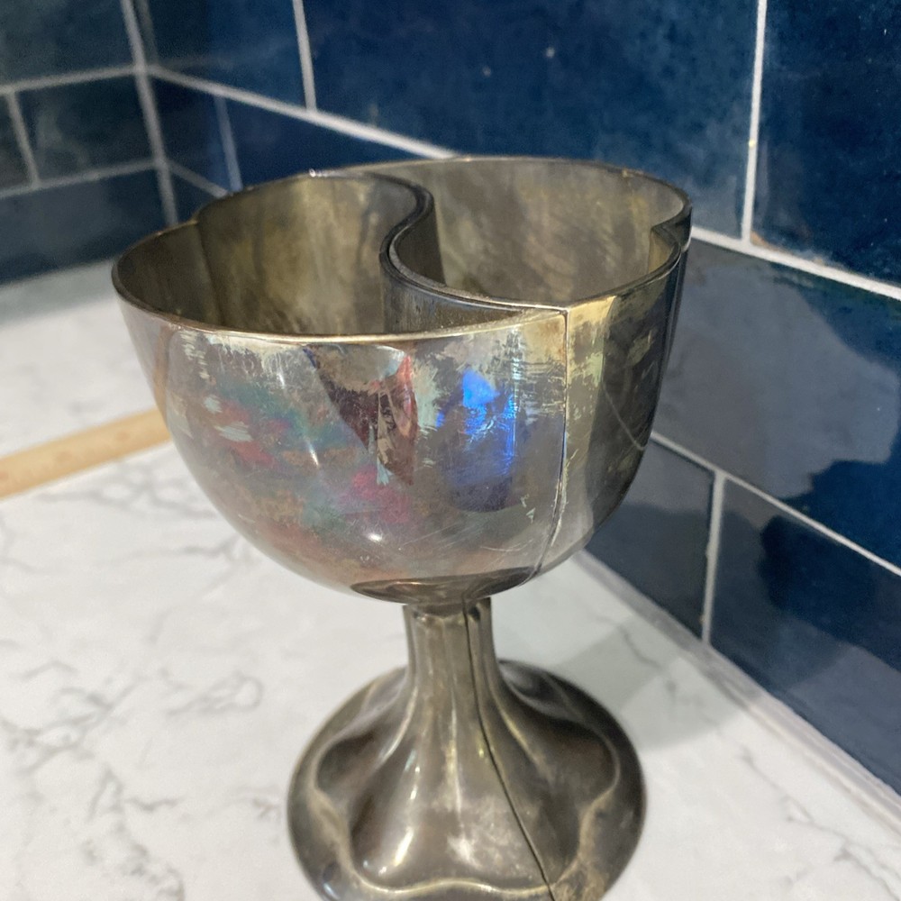 VTG Silver Plated Double Heart Wedding Anniversary Split Chalice GOBLETS 5.5”