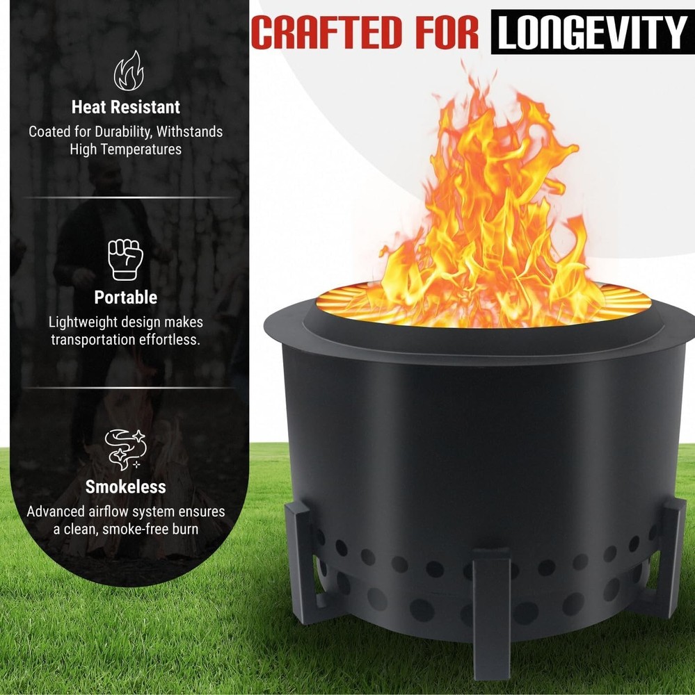 FEBTECH 21.6" Smokeless Firepit with Round Table Top for Outside Gatherings