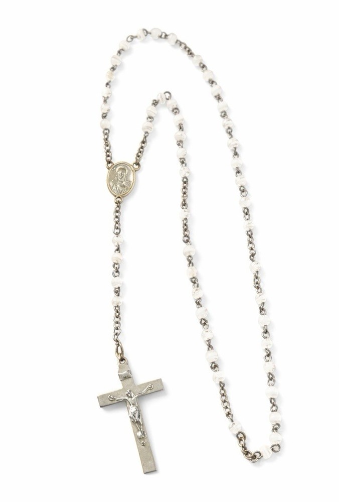 Vintage Catholic Rosary White Glass Beads Sacred Heart Crucifix 15” Pocket