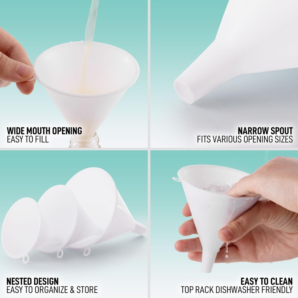 3Piece Kitchen Funnel Set, Plastic Large Medium Small Funnels for Bottles, White