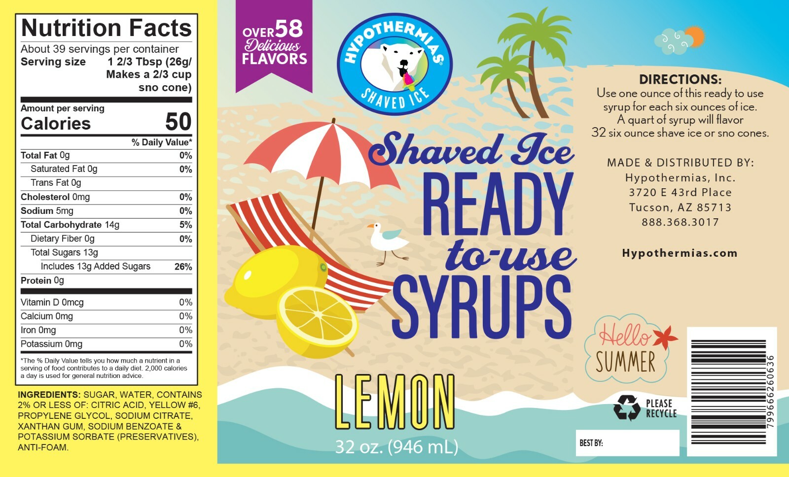 Hypothermias LEMON Flavor Syrup 🍧 Snow Cone machine Shaved Ice Syrup QUART