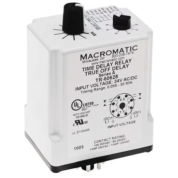 Macromatic Single Function Time Delay Relay, Octal, Off Delay, 1 Functions 24V