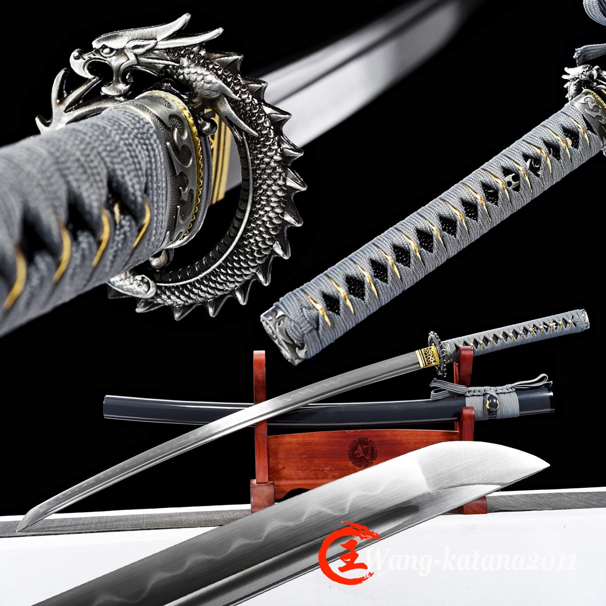Full Tang Gray Dragon Japanese Samurai Katana Sharp Sword T10Steel Clay Tempered