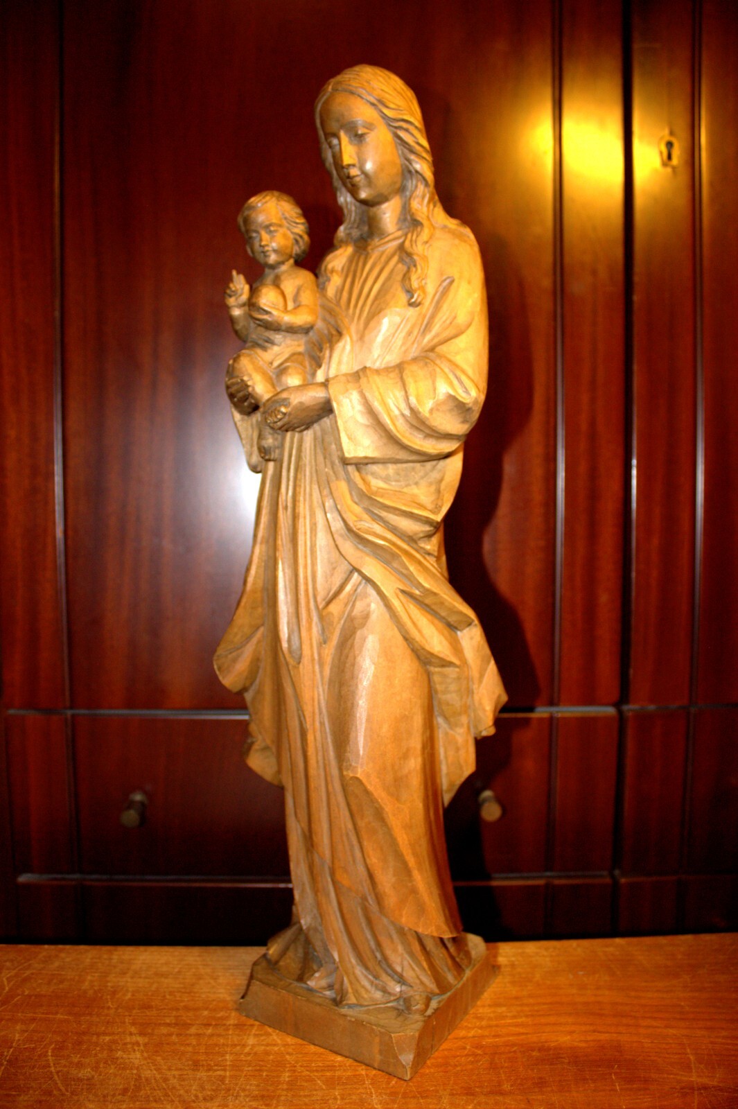 ANTIQUE 20" HAND CARVED WOOD CATHOLIC VIRGIN MARY OUR LADY JESUS STATUE FIGURE