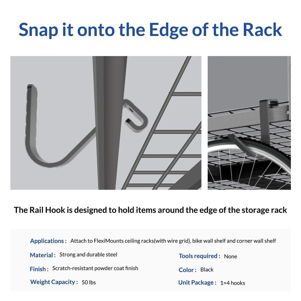 4 Pack Add On Storage Rail Hook Accessory for Ceiling Rack and Wall Shelving,...