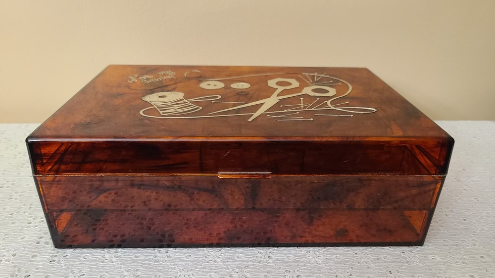Vintage Lucite Tortoise Shell Sewing Box Embedded Notions Scissors Spools Button
