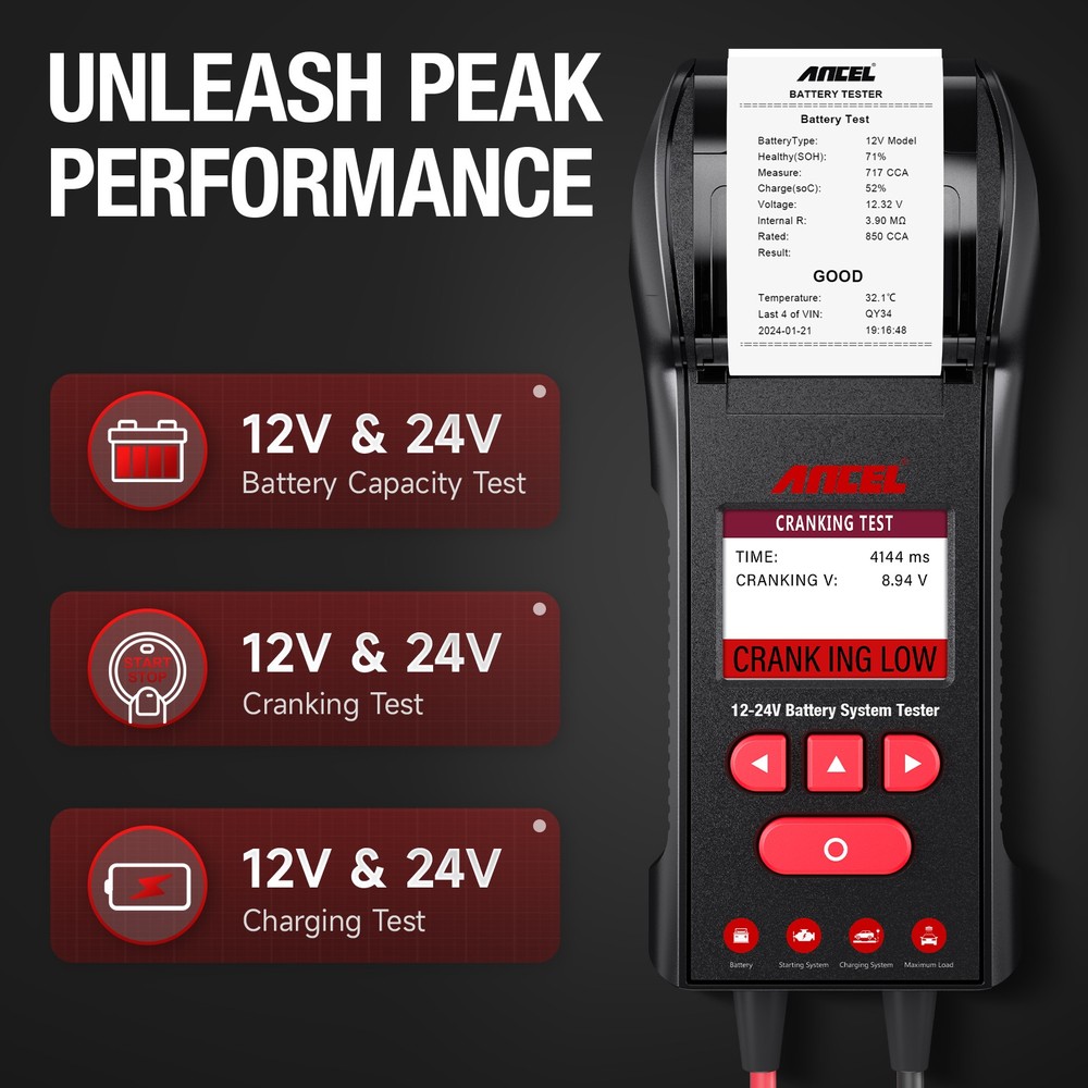 Car Battery Tester Load with Printer 2V/24V 100-2000 CCA Analyzer ANCEL BST600