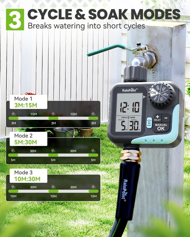 Programmable Garden Hose Sprinkler Timer with Cycle & Soak, Rain Delay