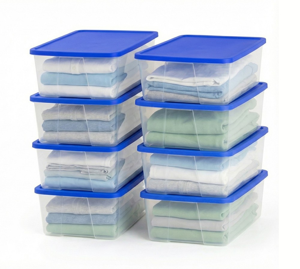 Homz 12 Qt Stackable Plastic Storage Container w/ Snaplock Lid, Blue (8 Pack)