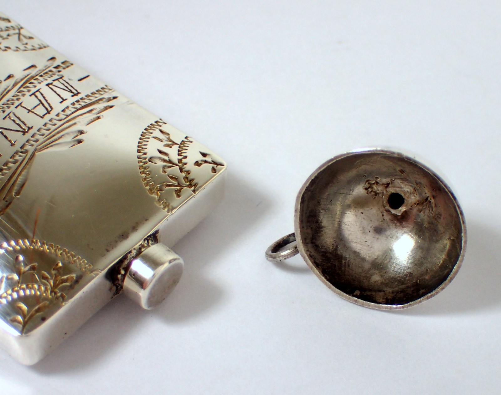 Vtg Mexican Sterling Monterrey Etched NANCY Perfume Scent Bottle Flask w Funnel