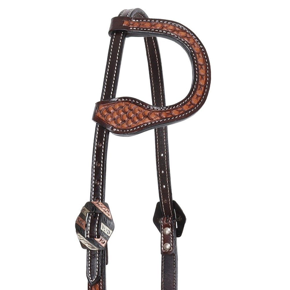 Scallop Tooled Light & Medium Leather ONE EAR HEADSTALL Copper & Silver Buckle
