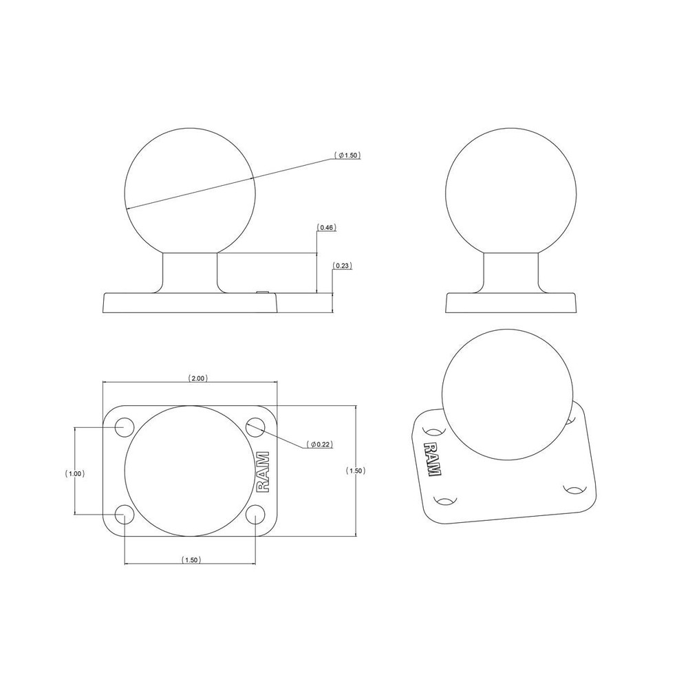 RAM-202U-152 RAM Ball Base with 1" x 1.5" 4-Hole Pattern -...