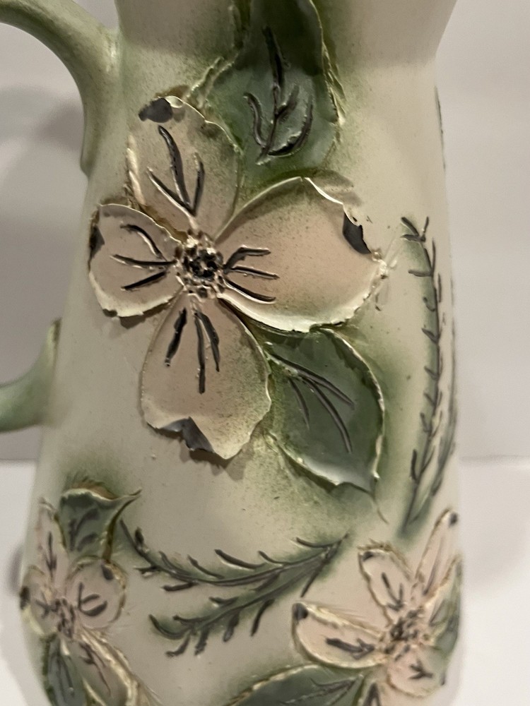 MCM CERAMIC PITCHER, HANDCRAFTED, FLORAL DECORATED, DIMENSIONAL, SIGNED MARION.