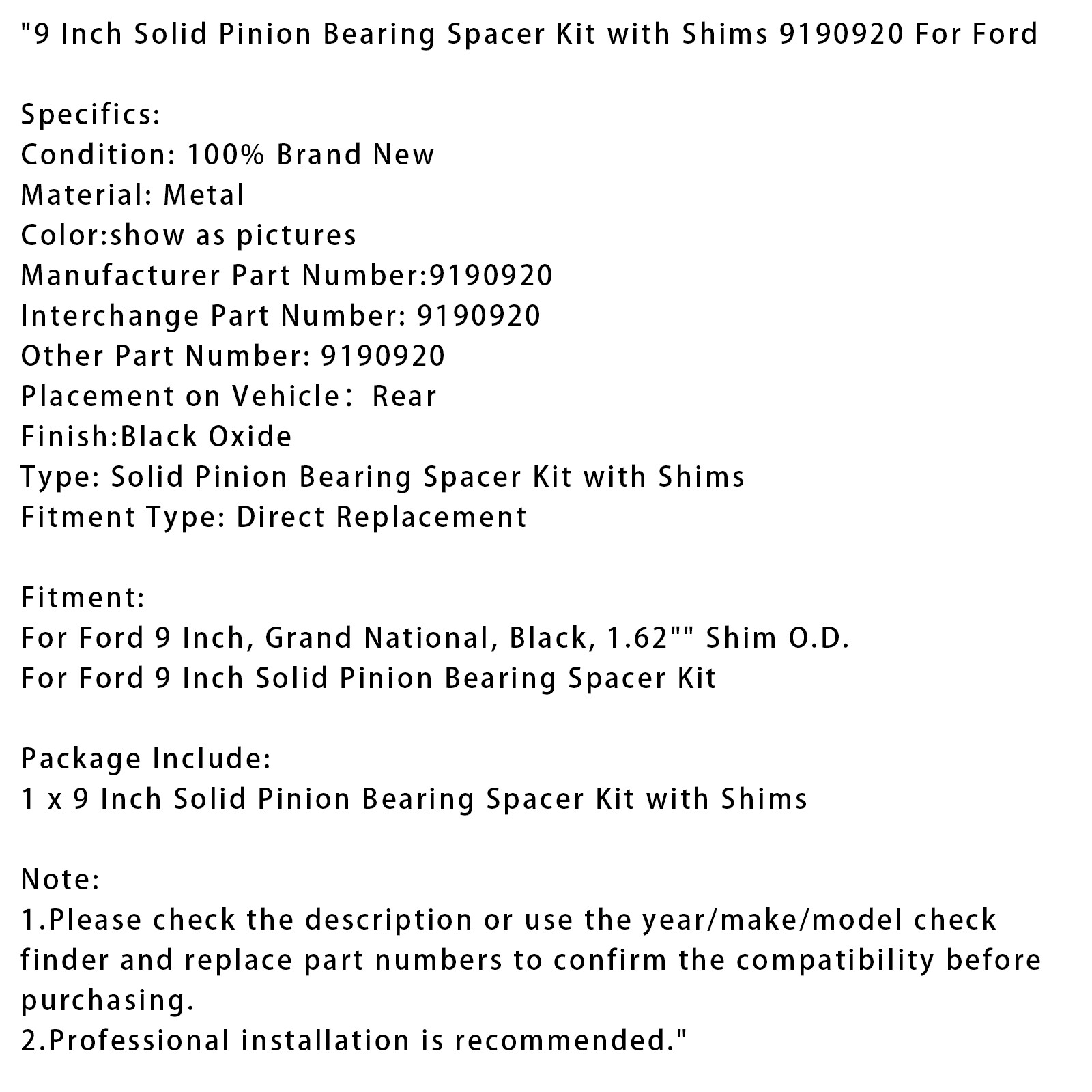 9 Inch Solid Pinion Bearing Spacer Kit with Shims 9190920 Fit For Ford