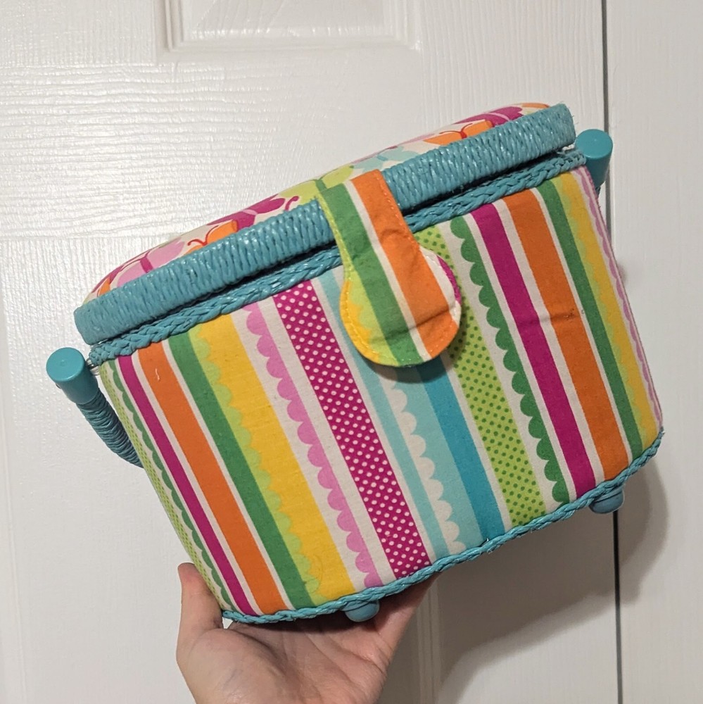 Rainbow-striped and butterfly-patterned small sewing basket/kit/storage
