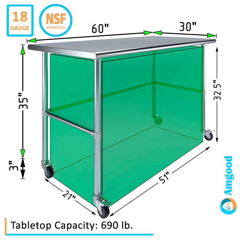 30 in. x 60 in. Stainless Steel Work Table Open Base & Wheels | Mobile Table