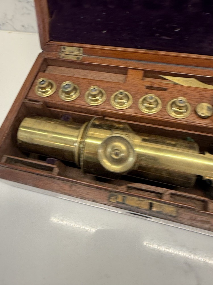 Victorian Brass Cylinder Microscope & Accessories In Original Wood end Case