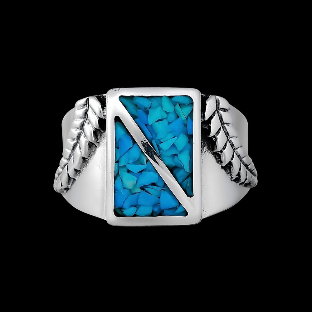 Size 9-925 Sterling Silver Turquoise Sectioned Rectangle Ring, Regal Fern...