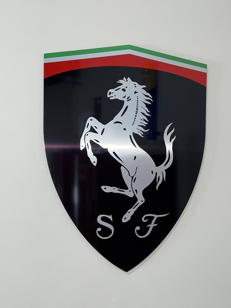 Large 18” Shield Ferrari  Black Racing Inspired Brushed Aluminum Sign