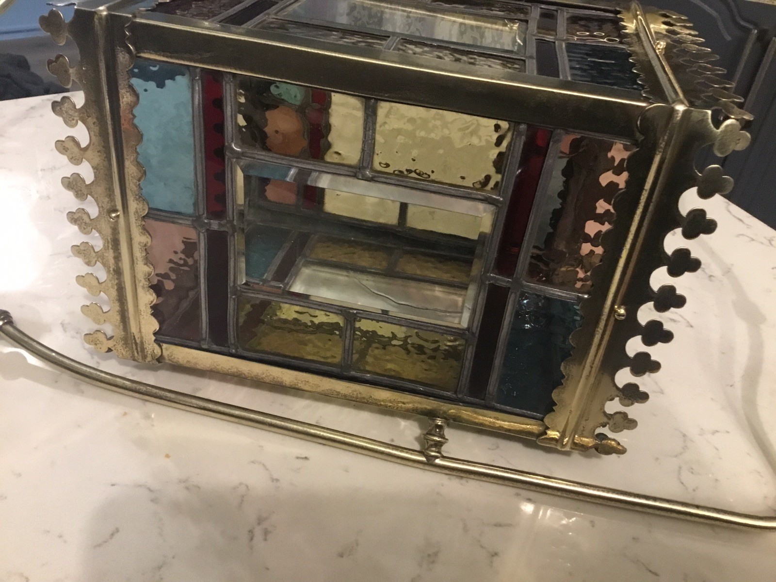 A BEAUTIFUL ANTIQUE BRASS & STAINED GLASS HALL LANTERN ,circa-1870.