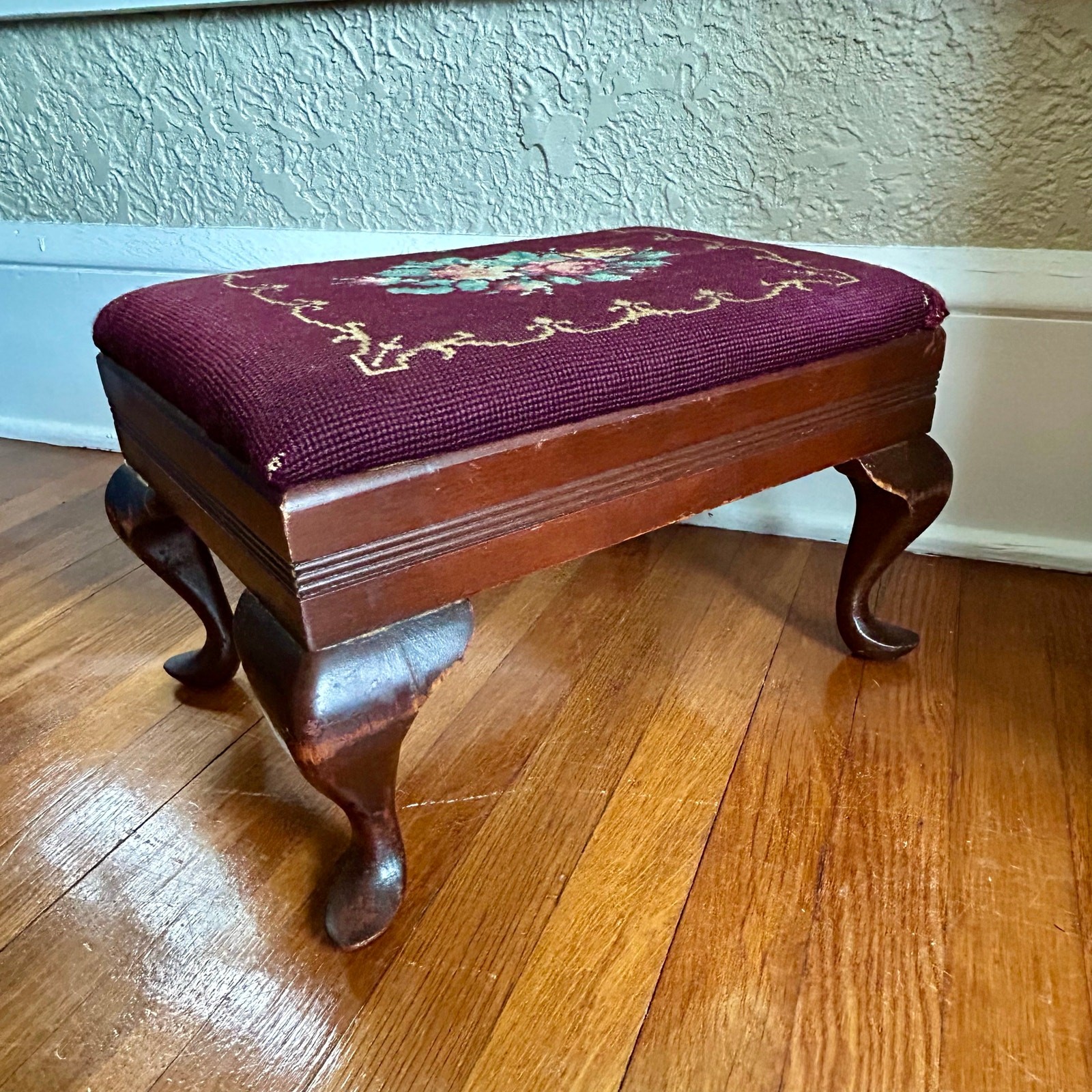 Antique Needlepoint Footstool with Queen Anne Style Legs