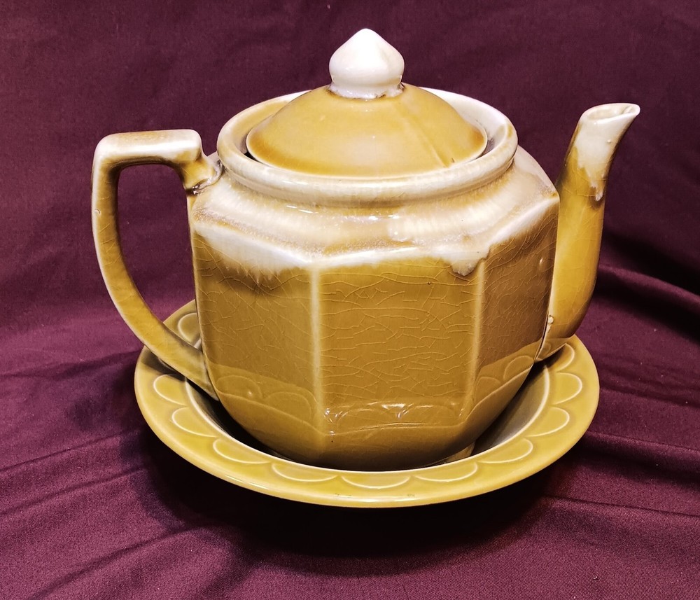Vintage Mustard Yellow Ceramic Teapot with Bowl