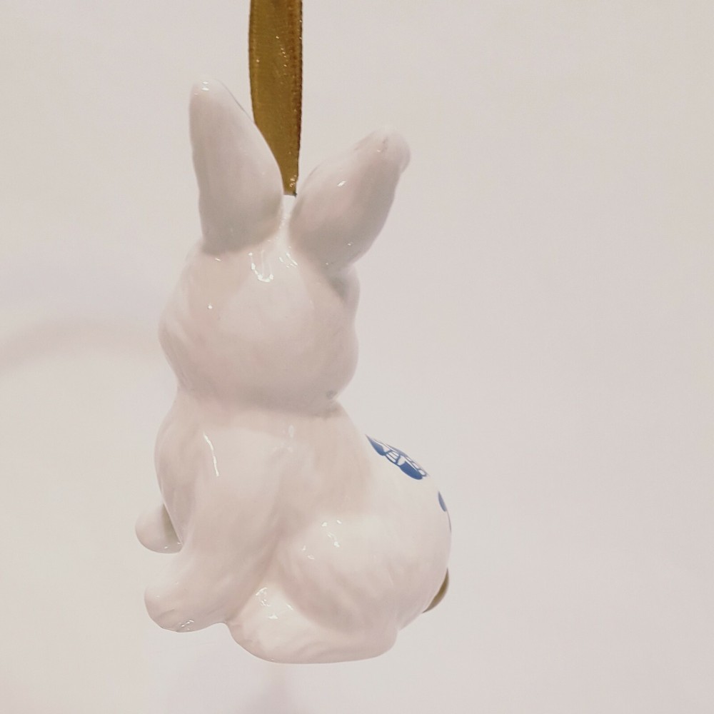 White Rabbit Blue Flower Ornament 3" Bunny Easter Ceramic