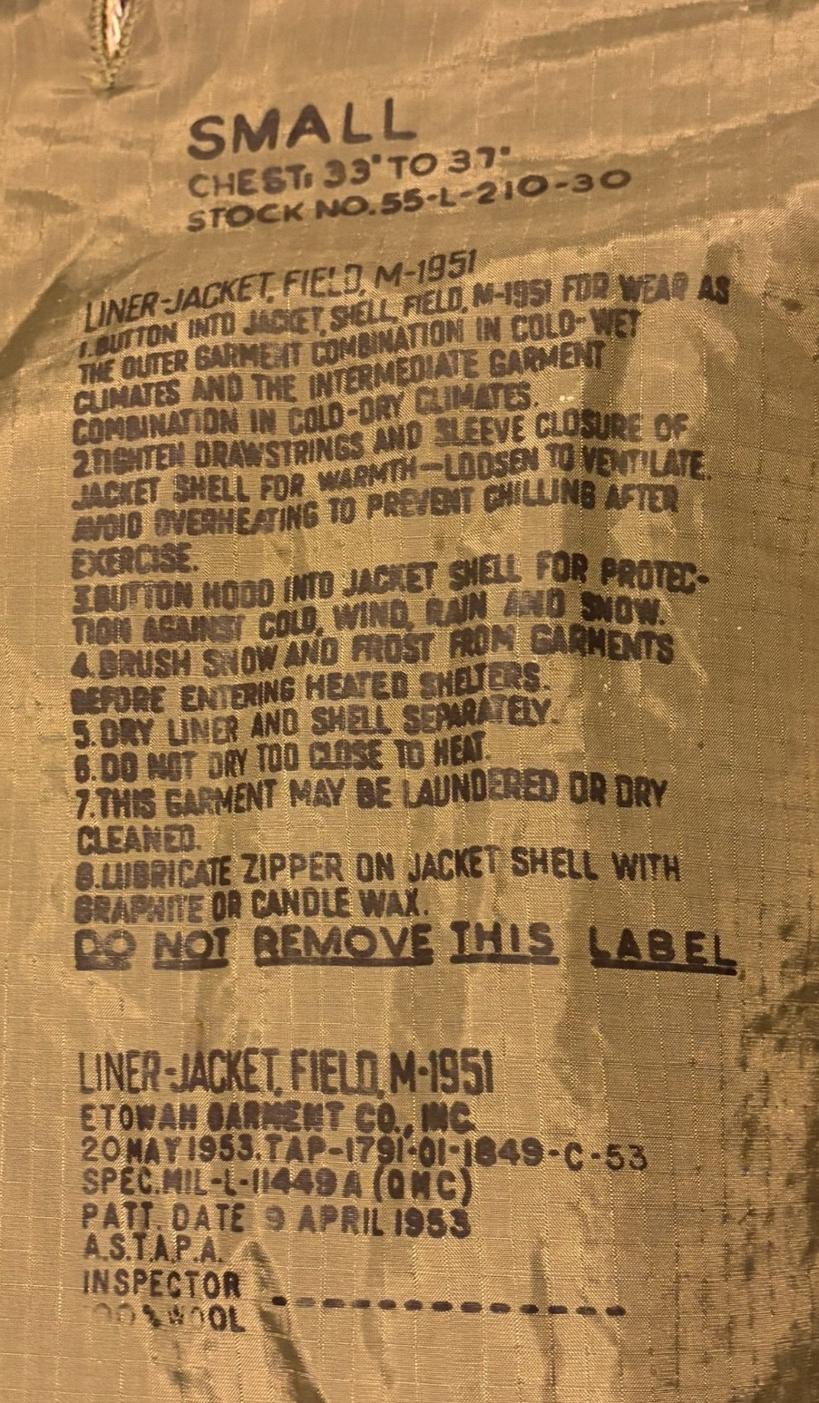 USGI M-1951 MILITARY FIELD JACKET LINER SMALL WOOL INSERT KOREAN WAR OLIVE GREEN