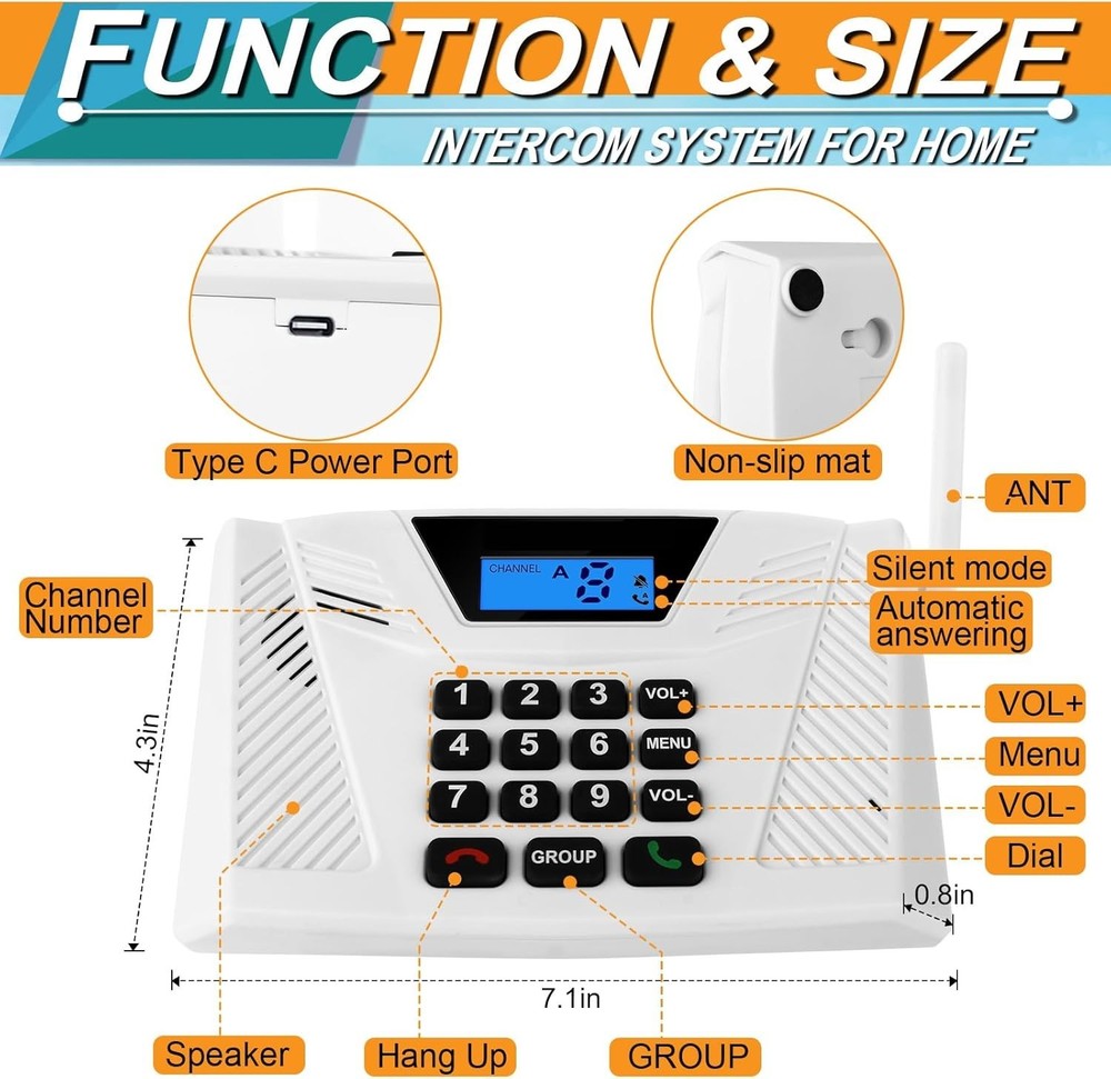 Wireless Home Intercom System 4 Pack Long Range Hands Free Two Way