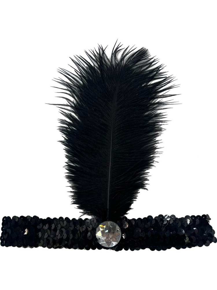 20s Flapper Black Sequin 2-Feather Headband Costume Accessory Set