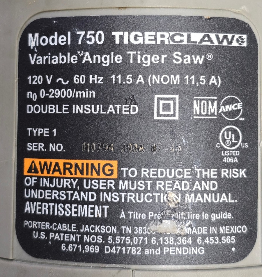 Porter Cable 750 Tigerclaw Variable Speed & Variable Angle Reciprocating Saw