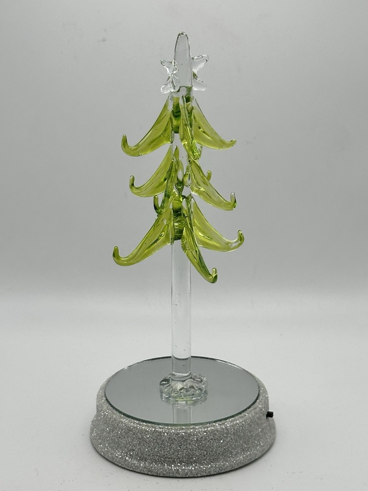 Blown Glass 7” Pine Tree With Battery Operated Multicolor Light Up Mirrored Base