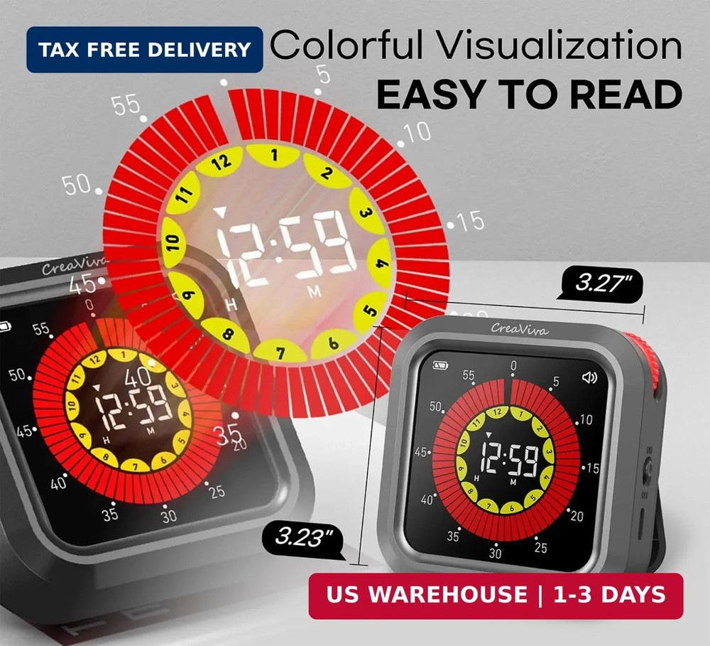 Visual Digital Timer, Large Color Display & Rechargeable, Magnetic Back & Silent