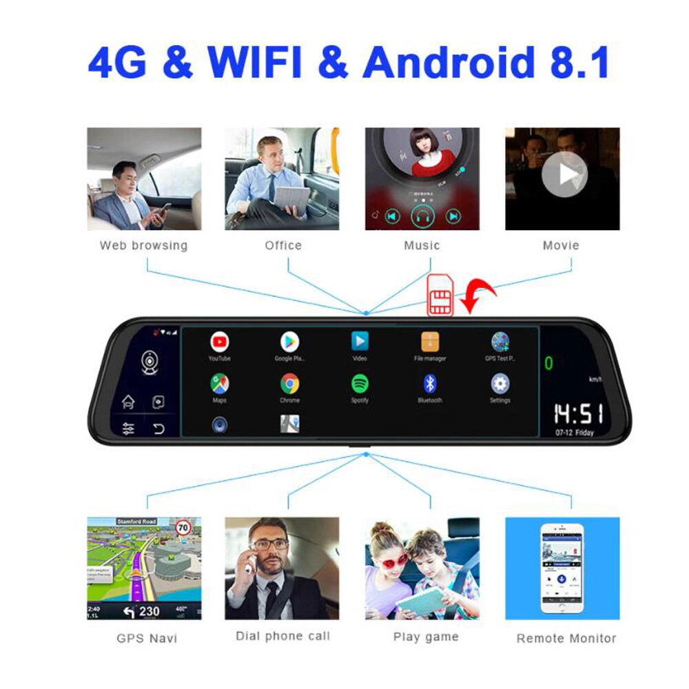 12" 4G Special bracket Car Camera rearview Android Mirror ADAS Remote Dash Cam
