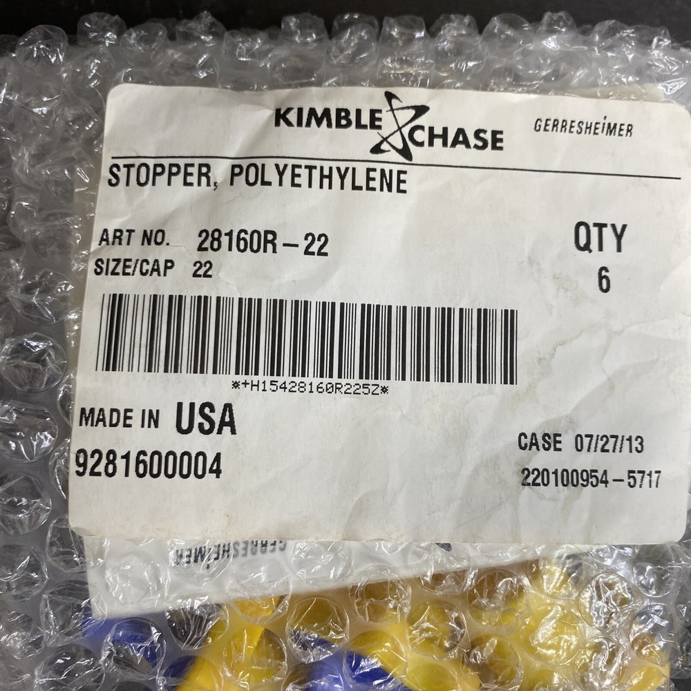 Kimble Chase Stopper 22 mm Polyethylene Yellow 6 Stoppers