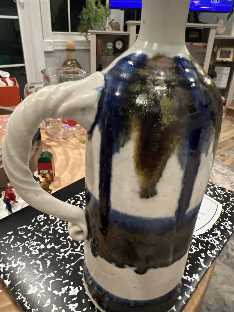 Pitcher Drip Glaze High Gloss Signed Handmade Stoneware Pottery 10.25”multi-colo