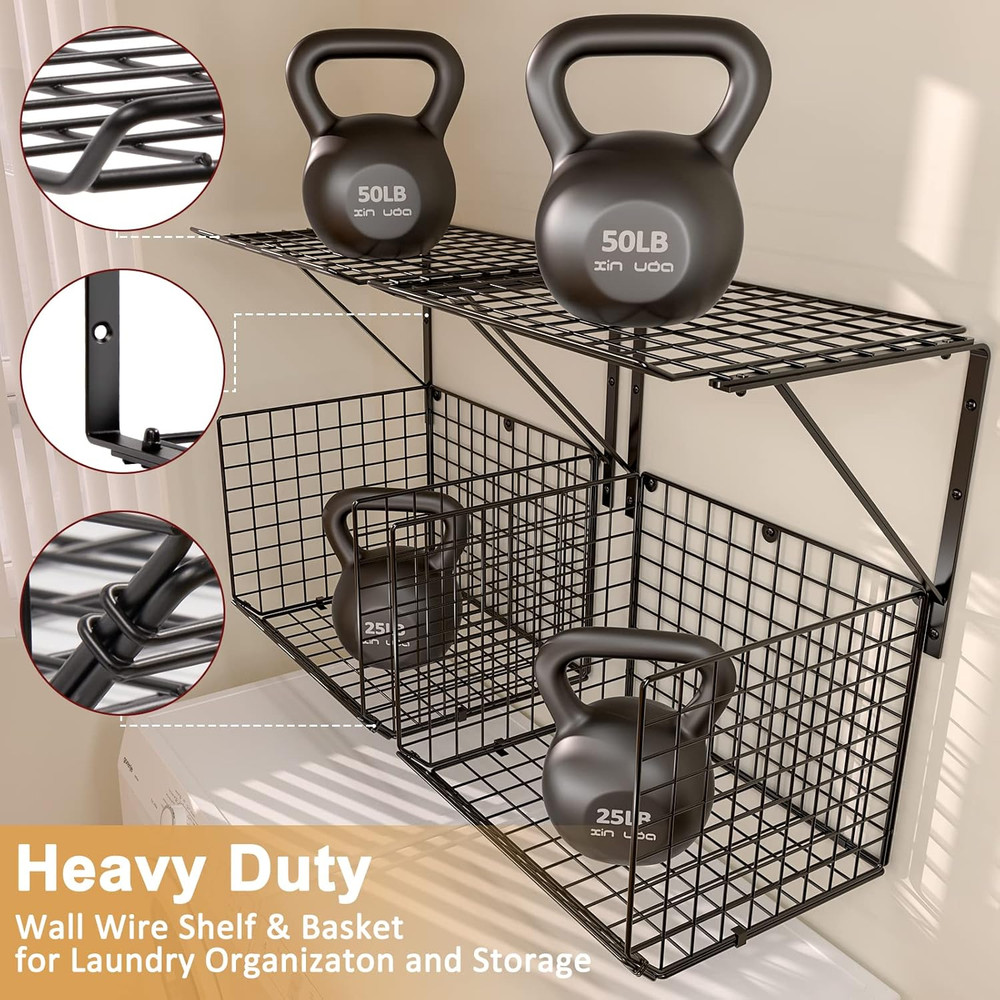 2 Pack Wall Mounted Laundry Shelves with Hooks & Wire Baskets, Black