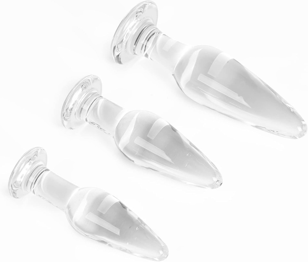 3 Pieces Glass Butt Plug Set Crystal Butt Plug Training Kit with Smooth Flat Bas