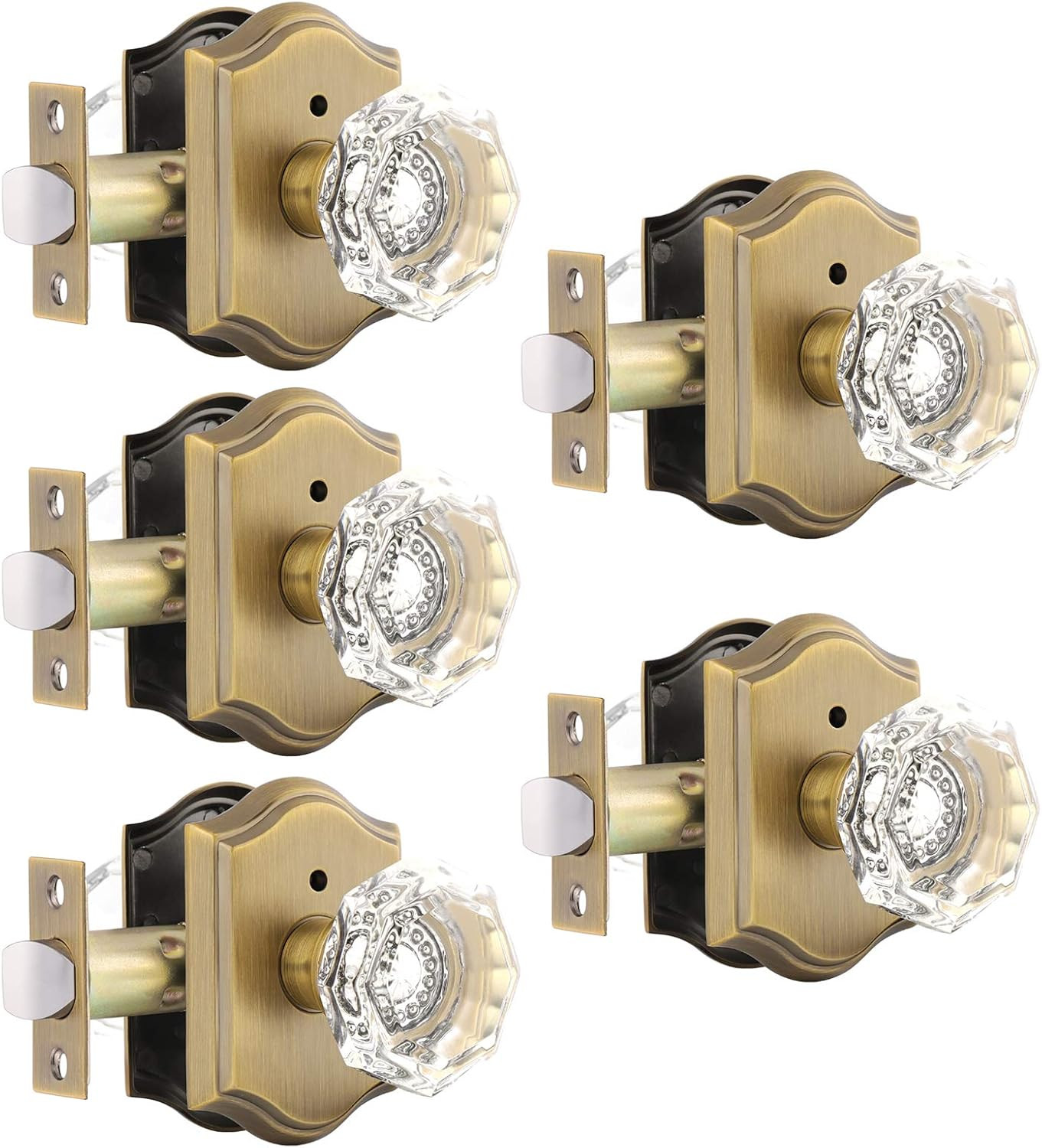 Antique Brass Door Locksets with Octagonal Crystal Knobs, 5 Pack