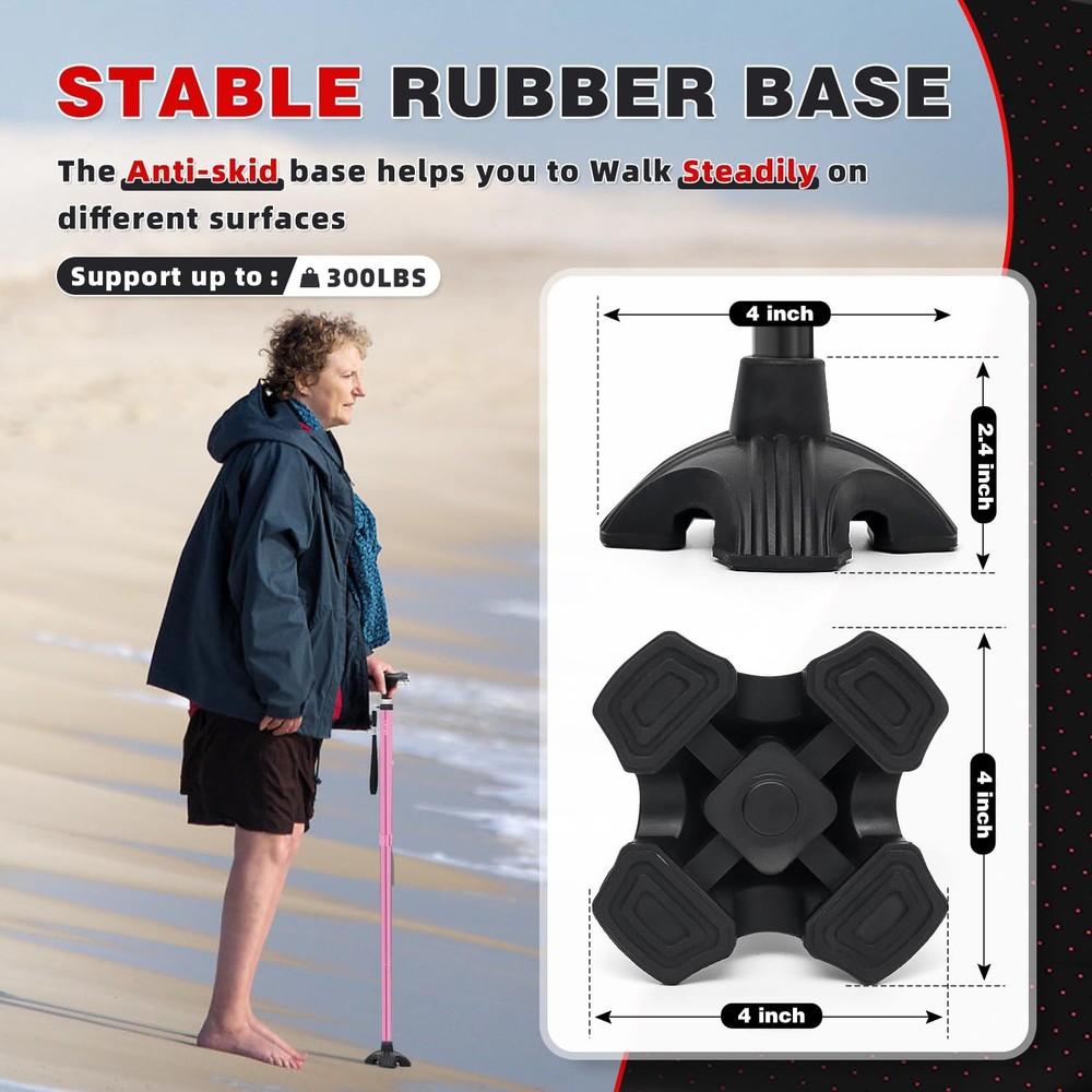 Folding Walking Cane with Two Led Lights for Elderly Solid Base Adjustable Wa...