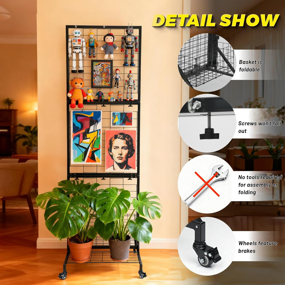 Foldable Grid Wall Panels with Baskets for Retail Display and Storage Solutions