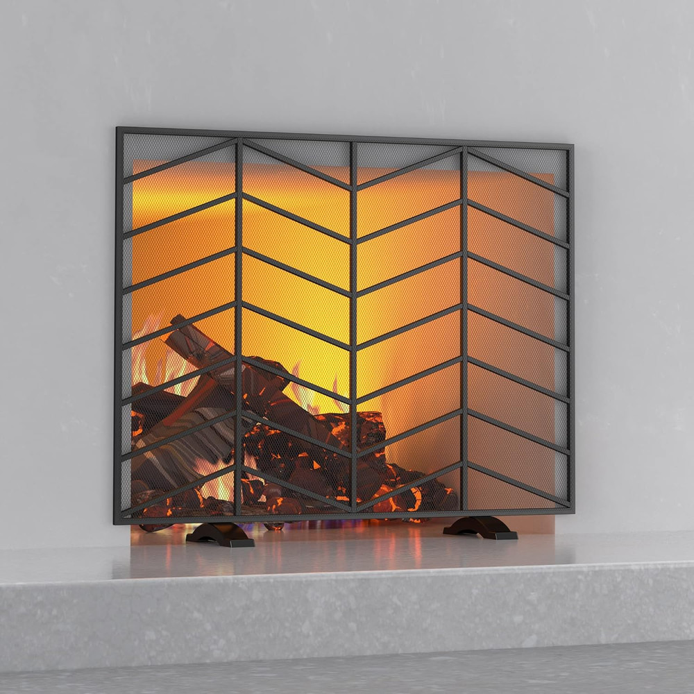 Single Panel Handcrafted Wrought Iron Mesh Chevron Fireplace Screen, Fire Spark