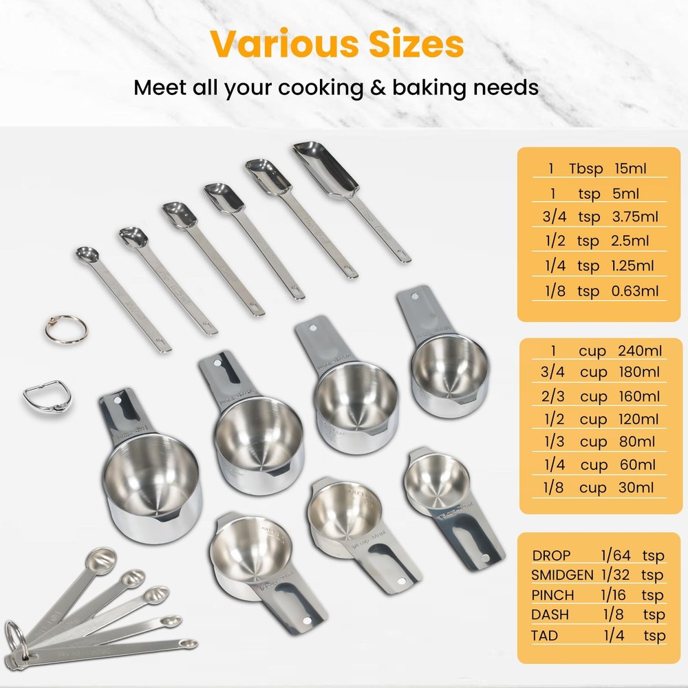 18 PCS Measuring Cups Spoons Set 7 Stainless Steel Nesting 6 Rectangular 5 Mini