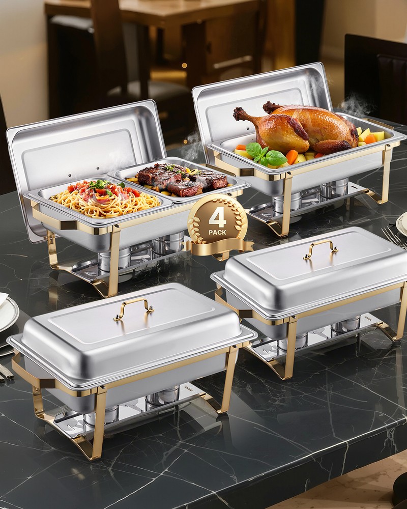 VEVOR 8 Qt 4 Pack Rectangle Chafing Dish Buffet Set Full-Size & Half-Size Gold