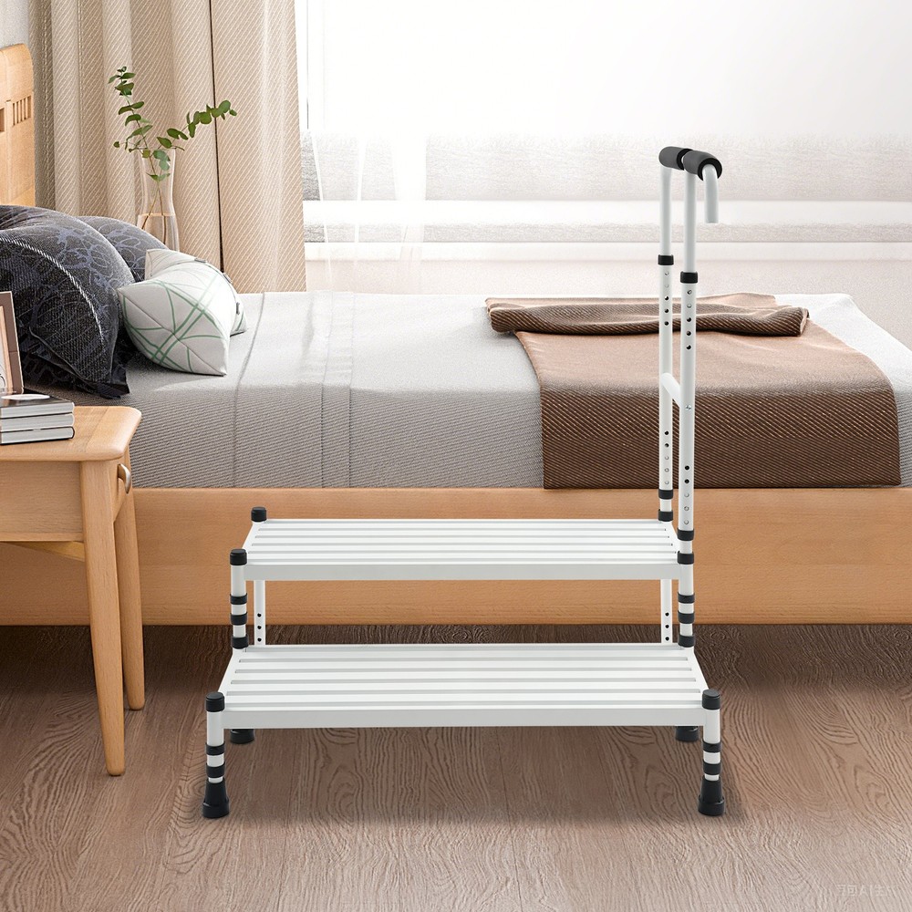 2-Step Stool with Handle, Floor Standing Metal Stepping Stool, White Step Stool