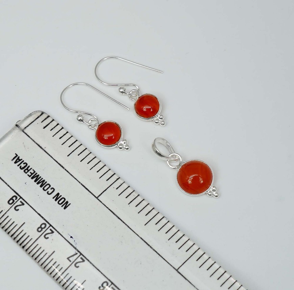 925 Solid Sterling Silver Red Carnelian Hook Earring Pendant Set