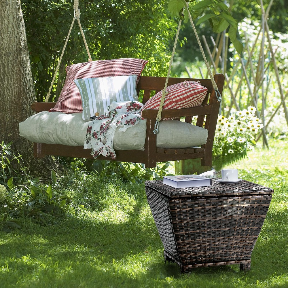 Outdoor PE Wicker Side Table with Storage, Small Patio Storage Bin Container