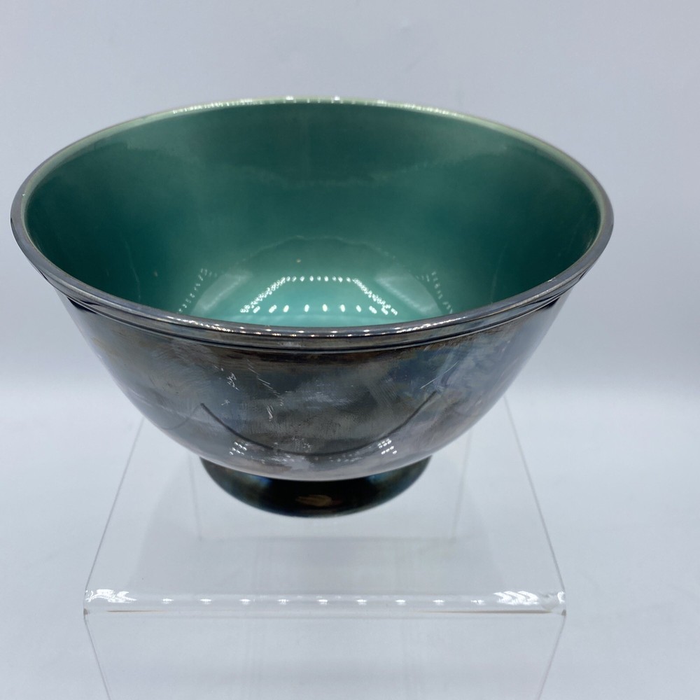 Towle Silversmiths Teal Green Enamel Footed Bowl Silverplated 5002 Vintage 5.75"