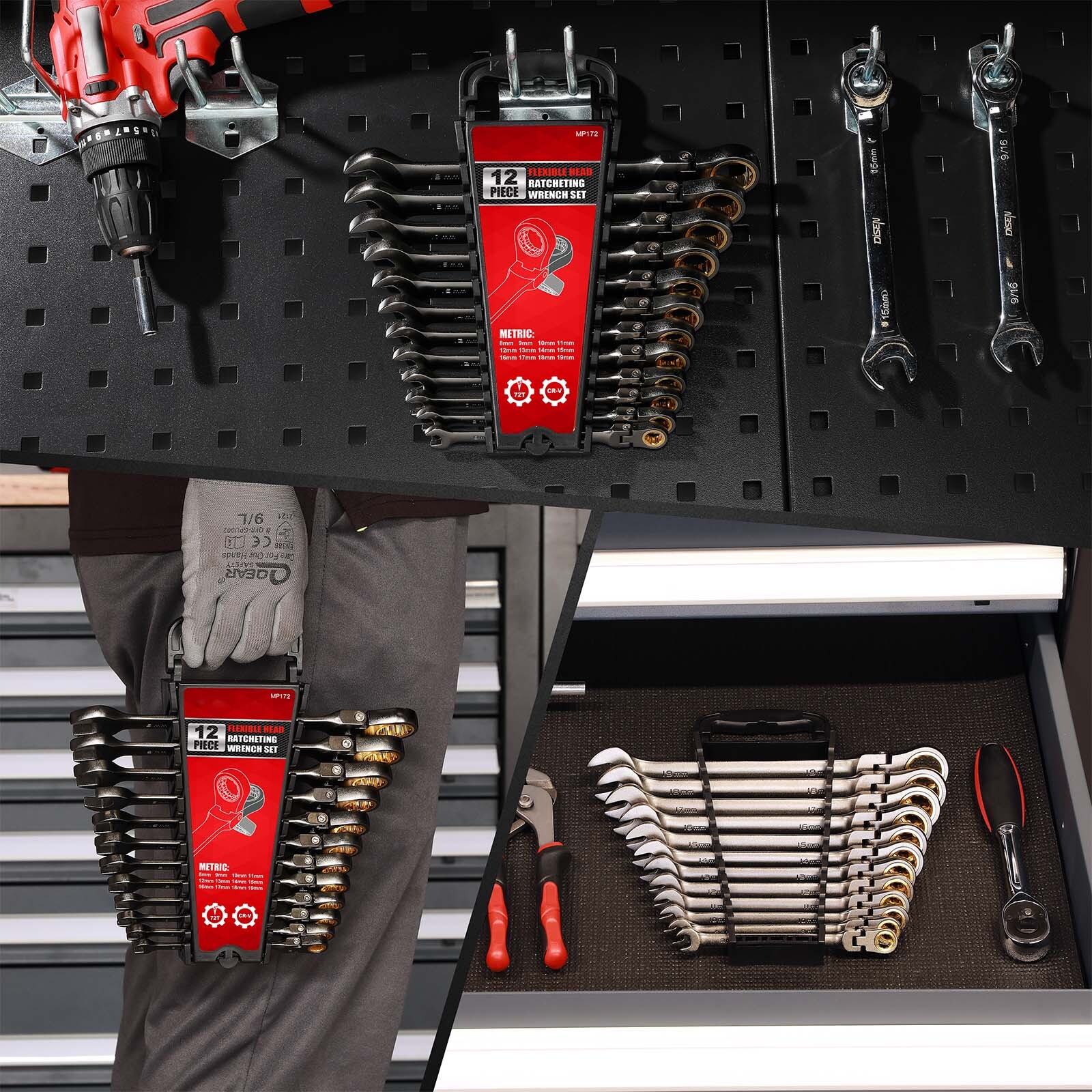 12PCS Metric Flex Head Ratcheting Wrench Set 8-19mm 72-Tooth Ratchet Combination