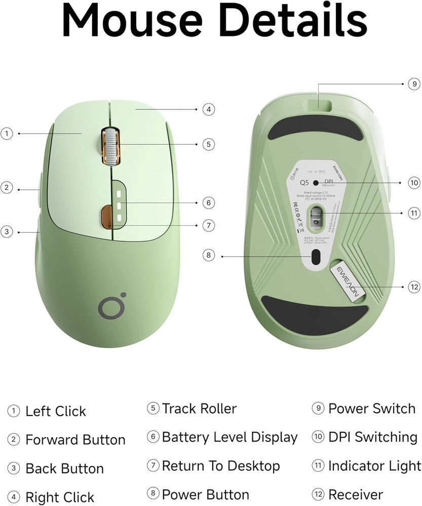 Q5 Wireless Mouse, Bluetooth & 2.4G Quiet Computer Mouses with Battery Level Dis